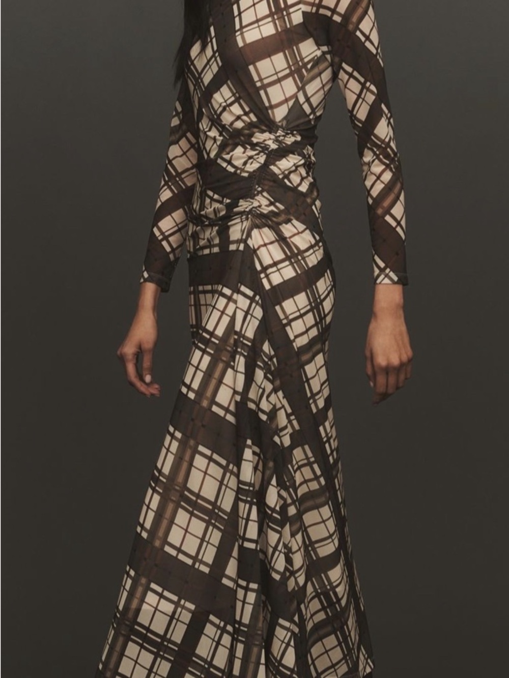 Anthropologie Brown and Cream Plaid Wrap Maxi Dress